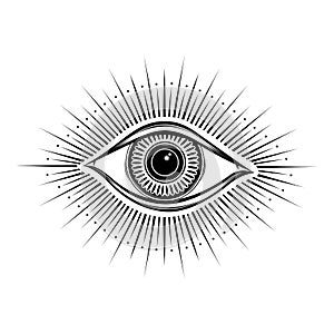 All seeing eye symbol. Vision of Providence. Alchemy, religion, spirituality, occultism, tattoo art. Isolated illustration. photo